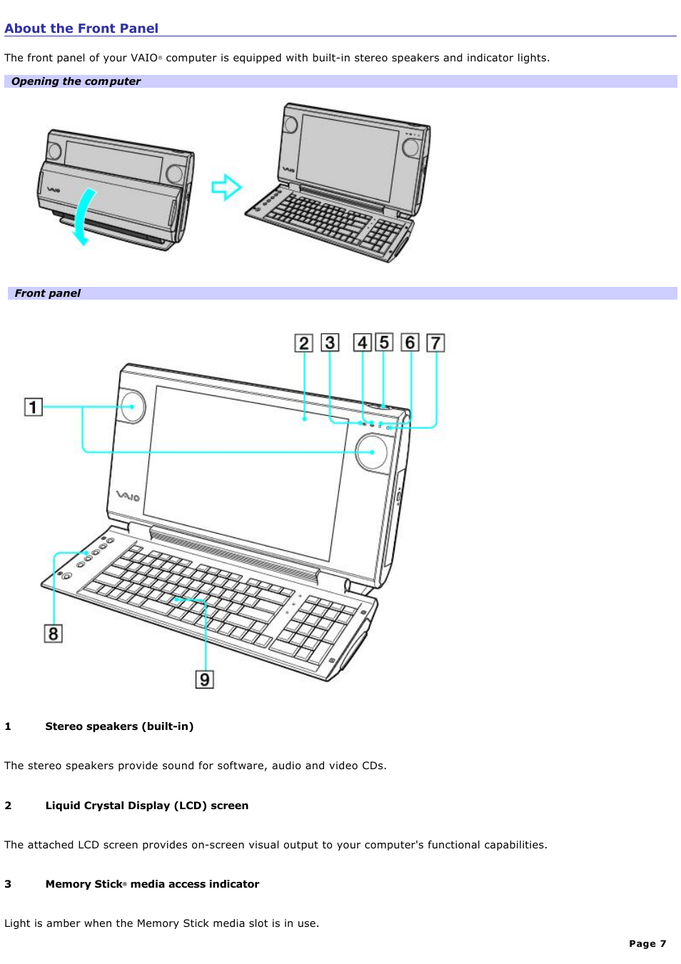 About the front panel | Sony PCV-W20 User Manual | Page 7 / 103