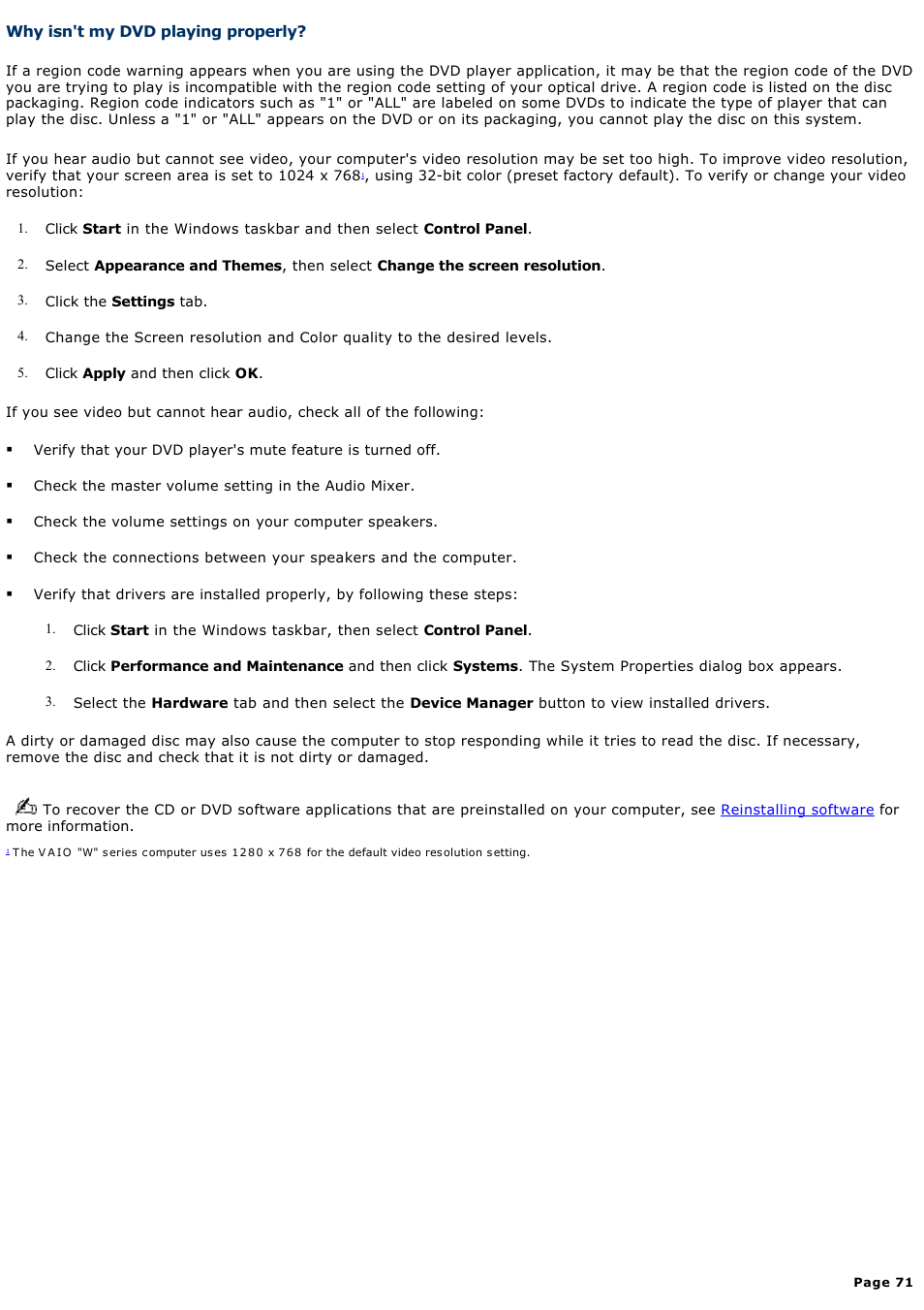 Why isn't my dvd playing properly | Sony PCV-W20 User Manual | Page 71 / 103