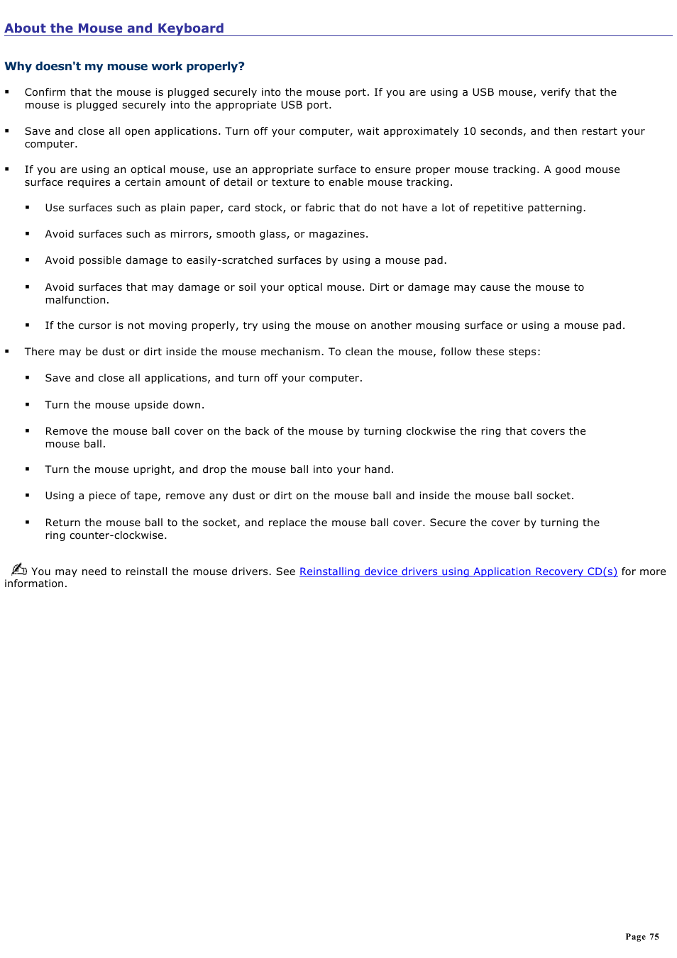 Why doesn't my mouse work properly | Sony PCV-W20 User Manual | Page 75 / 103