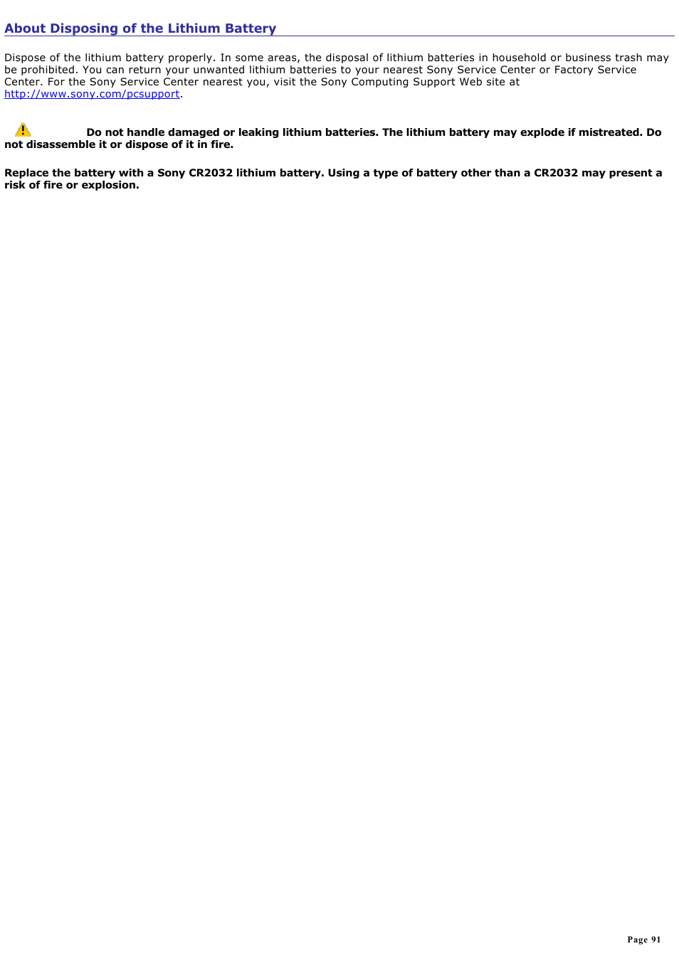 About disposing of the lithium battery | Sony PCV-W20 User Manual | Page 91 / 103