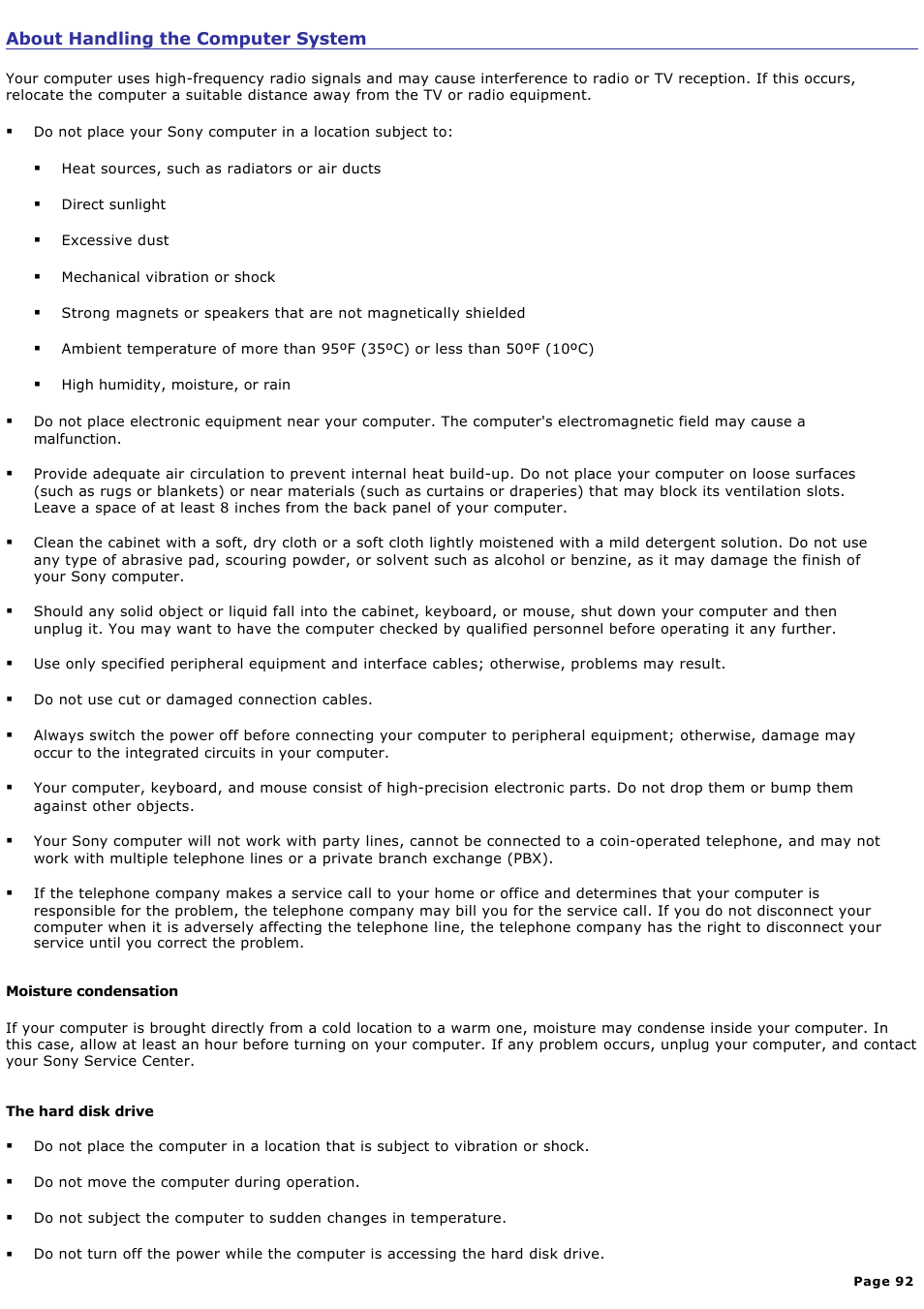 About handling the computer system | Sony PCV-W20 User Manual | Page 92 / 103