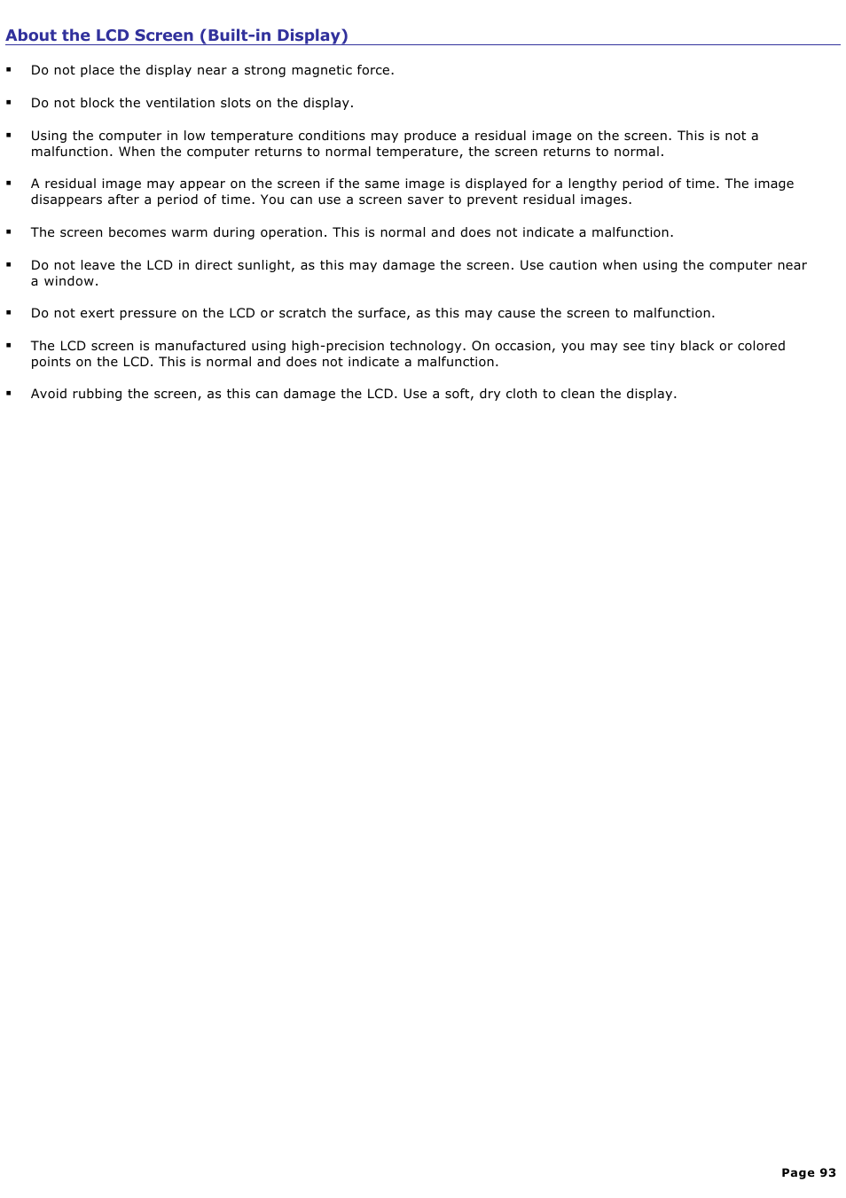 About the lcd screen (built-in display) | Sony PCV-W20 User Manual | Page 93 / 103