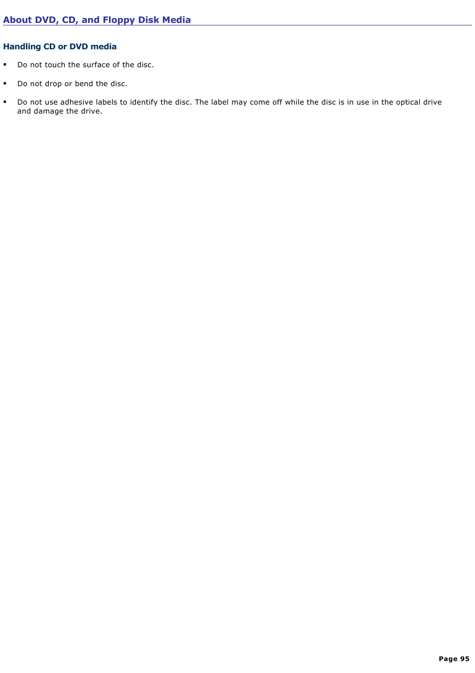 Handling cd or dvd media | Sony PCV-W20 User Manual | Page 95 / 103