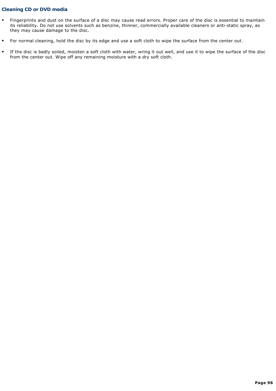 Cleaning cd or dvd media | Sony PCV-W20 User Manual | Page 96 / 103