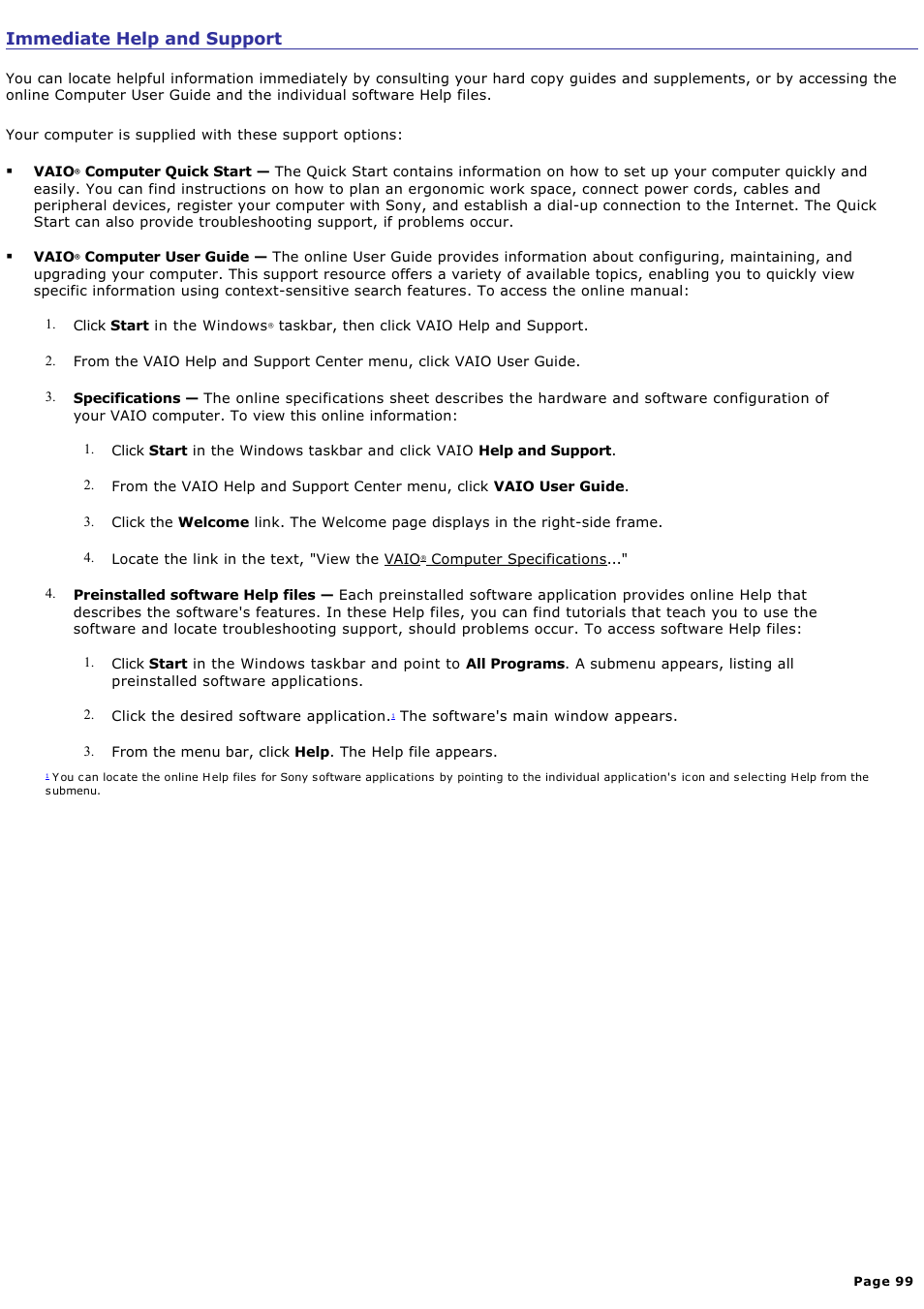 Immediate help and support | Sony PCV-W20 User Manual | Page 99 / 103