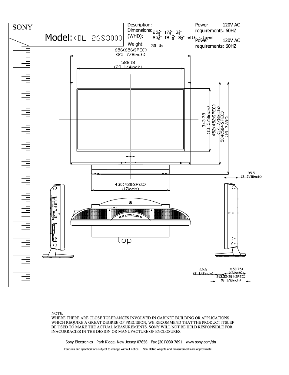 Sony KDL-26S3000W User Manual | 3 pages