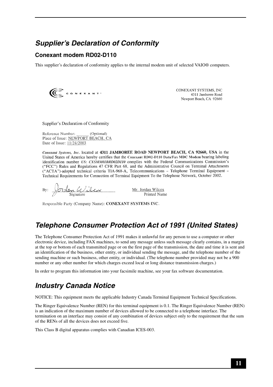 Supplier’s declaration of conformity, Industry canada notice | Sony VGN-BX670P User Manual | Page 11 / 20