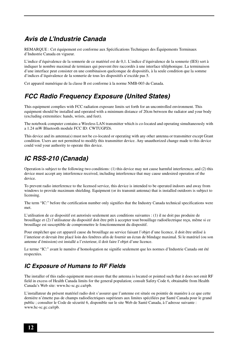 Avis de l’industrie canada, Fcc radio frequency exposure (united states), Ic rss-210 (canada) | Ic exposure of humans to rf fields | Sony VGN-BX670P User Manual | Page 12 / 20