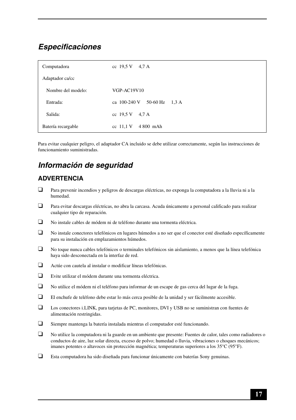 Especificaciones, Información de seguridad | Sony VGN-BX670P User Manual | Page 17 / 20