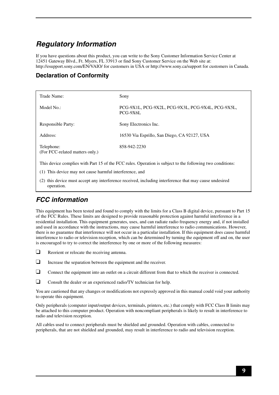 Regulatory information, Fcc information, Declaration of conformity | Sony VGN-BX670P User Manual | Page 9 / 20