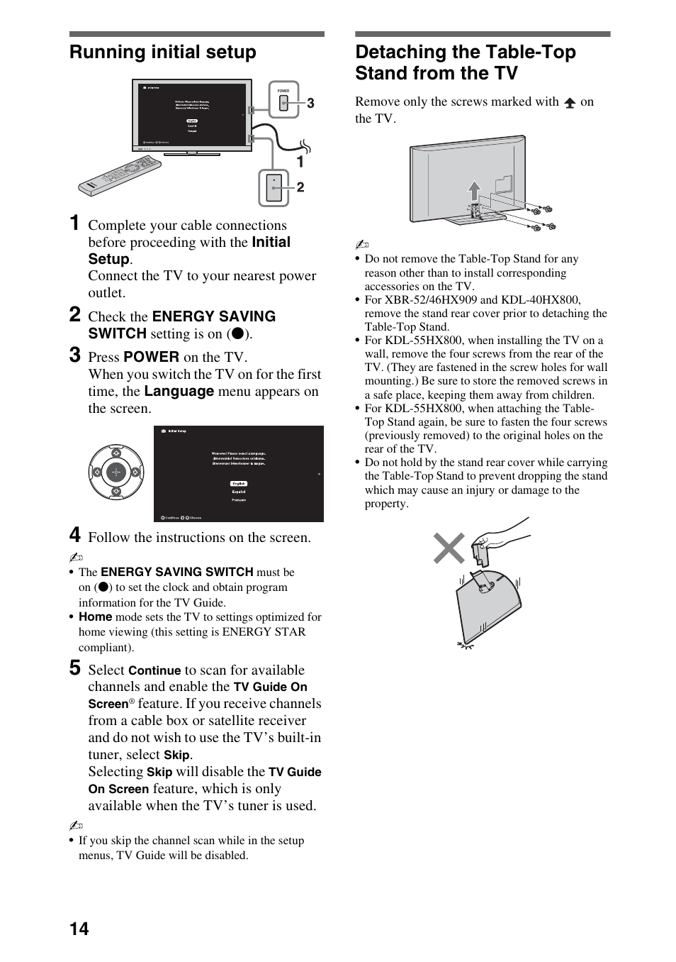 Running initial setup, Detaching the table-top stand from the tv | Sony XBR-52HX909 User Manual | Page 14 / 24