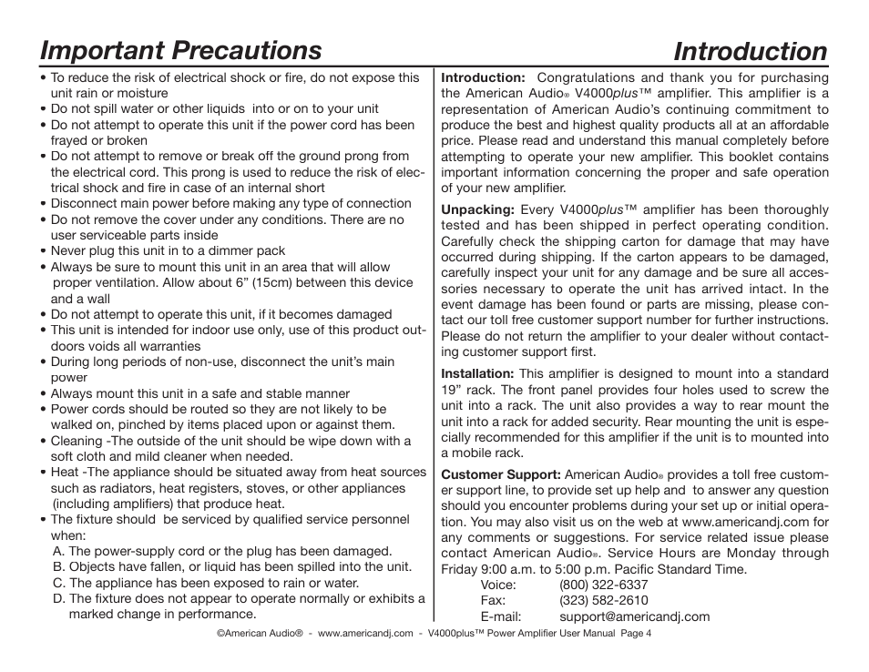 Important precautions, Introduction | American Audio V4000 plus User Manual | Page 4 / 16