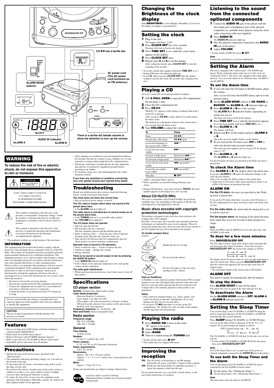 Setting the alarm, Setting the sleep timer, Changing the brightness of the clock display | Setting the clock, Playing a cd, Playing the radio, Improving the reception, Warning, Features, Precautions | Sony ICF-CD814 User Manual | Page 2 / 2