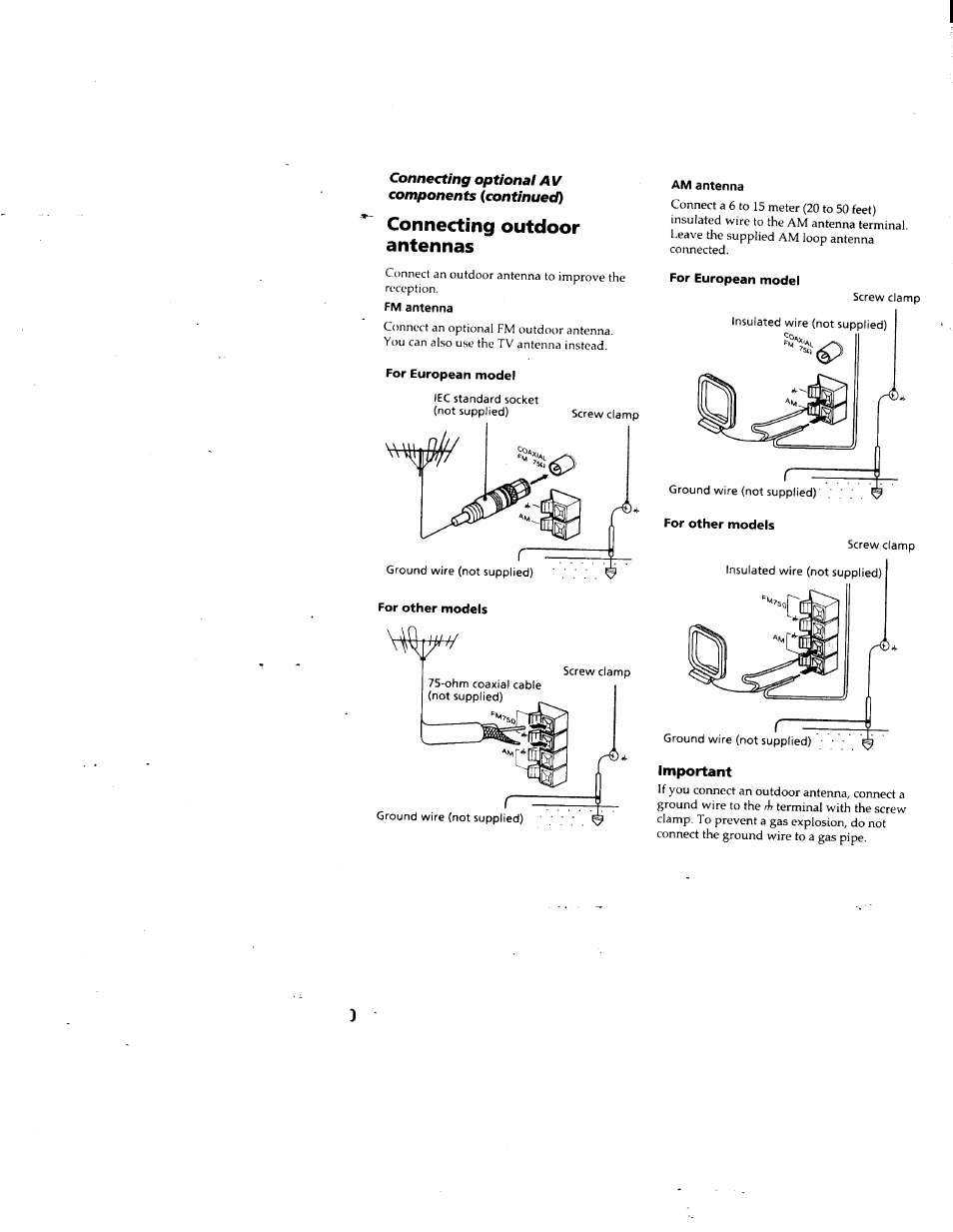 Fm antenna, For european model, For other models | Am antenna, Important, Connecting outdoor antennas | Sony LBT-G5500 User Manual | Page 10 / 46