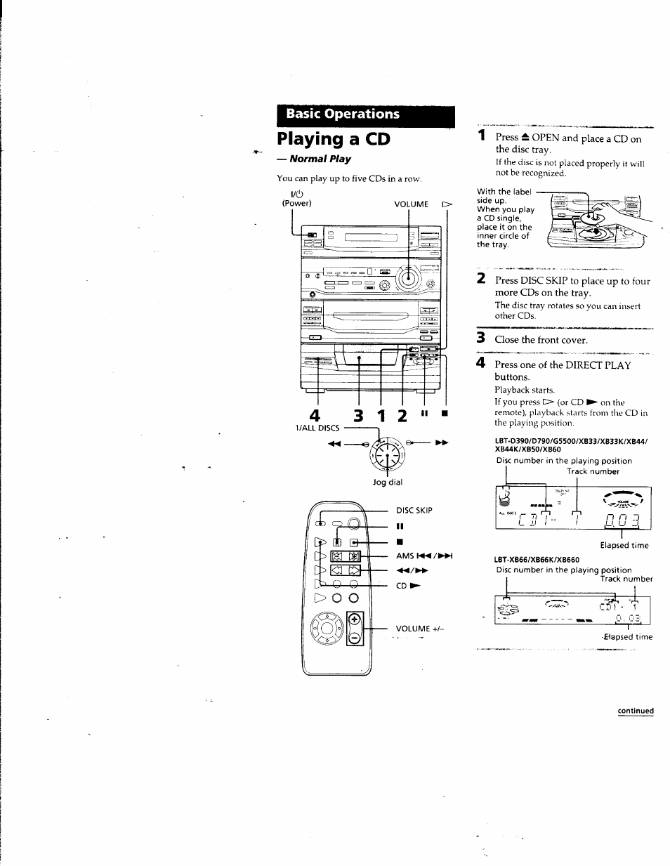 Playing a cd, 1 press ± open and place a cd on the disc tray, 3 close the front | Cover, 4 press one of the direct play buttons, Playing a tape, Basic operations | Sony LBT-G5500 User Manual | Page 11 / 46