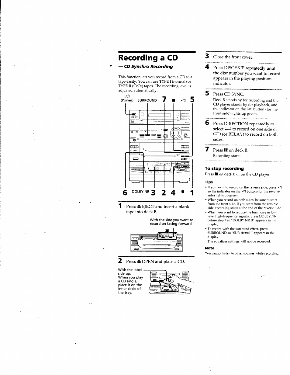 To stop recording, Tips, Note | Recording a cd 3 | Sony LBT-G5500 User Manual | Page 13 / 46