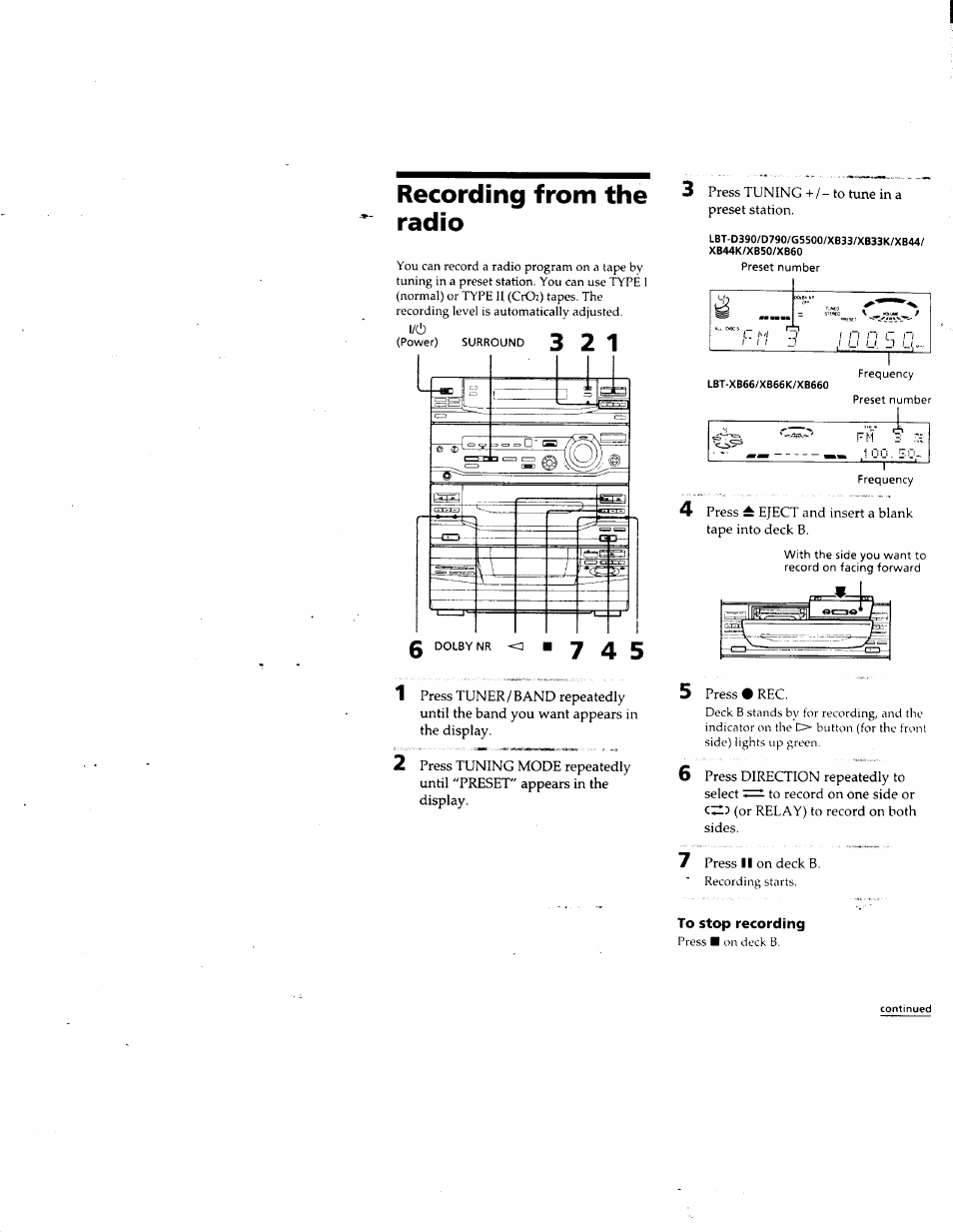 Recording from the radio, To stop recording | Sony LBT-G5500 User Manual | Page 15 / 46