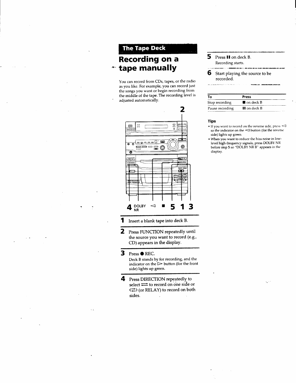 Recording on a tape manually, The tape deck | Sony LBT-G5500 User Manual | Page 23 / 46