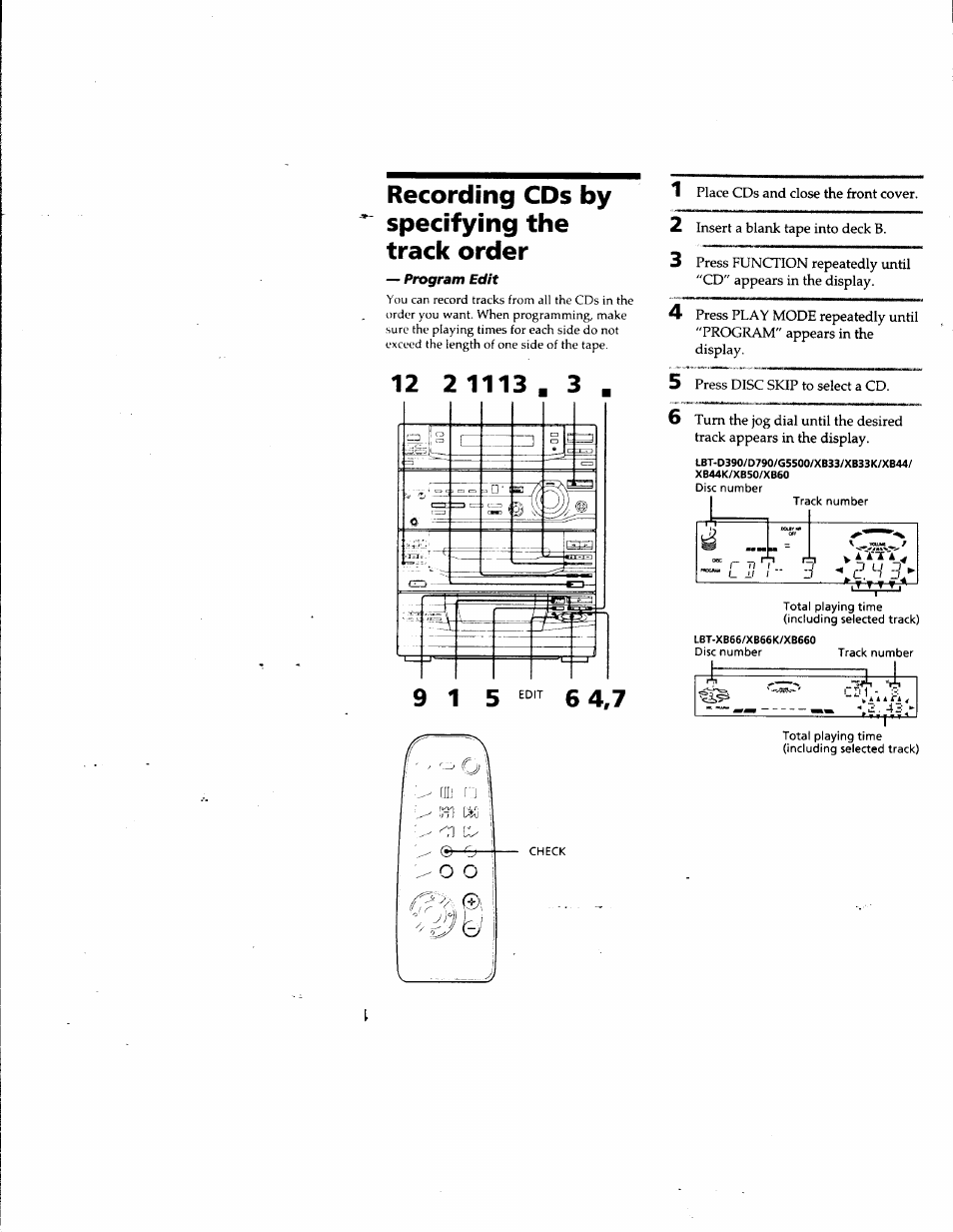 Recording cds by specifying the track order, 1 place cds and close the front, 2 insert a blank tape into deck b | 5 press disc skip to select a cd, Recording cds by specifying the track, Order | Sony LBT-G5500 User Manual | Page 24 / 46