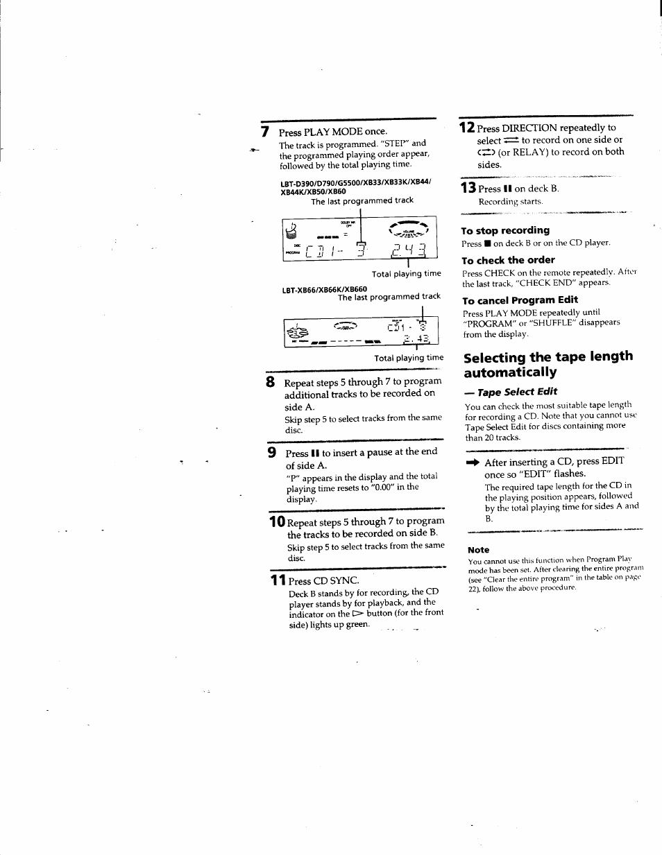 Lbt-d390/d790/g5500/xb33/xb33k/xb44, Xb44k/xbs0/xb60, Lbt-xb66/xb66k/xb660 | Total playing time, To stop recording, To check the order, To cancel program edit, Note, Selecting the tape length automatically | Sony LBT-G5500 User Manual | Page 25 / 46