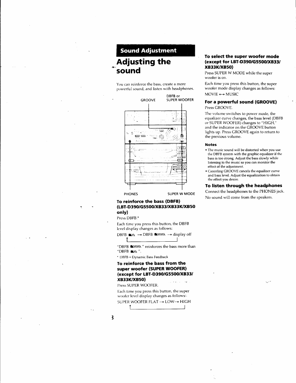 Adjusting the sound, Notes, T_________________i | Sound adjustment, T________________ i | Sony LBT-G5500 User Manual | Page 28 / 46