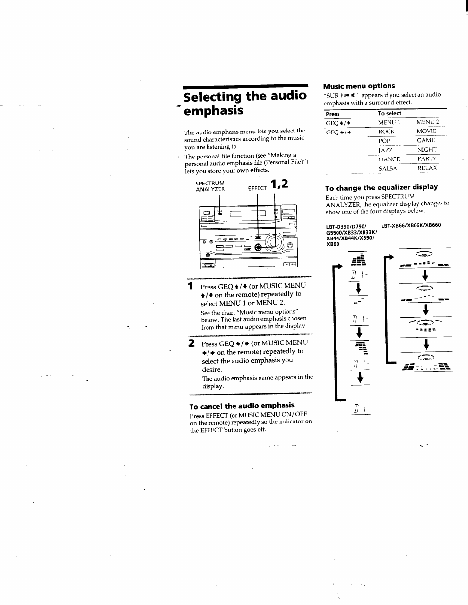 Selecting the audio emphasis, 2 press geq ♦ / ♦ (or music menu, To cancel the audio emphasis | To change the equalizer display | Sony LBT-G5500 User Manual | Page 29 / 46