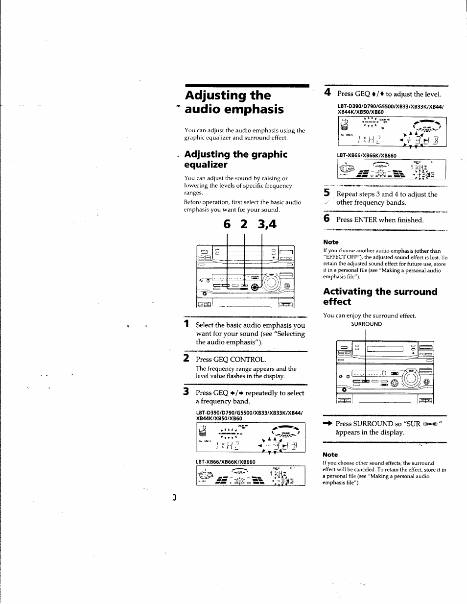 Adjusting the audio emphasis, Note, Adjusting the graphic equalizer | Activating the surround effect | Sony LBT-G5500 User Manual | Page 30 / 46