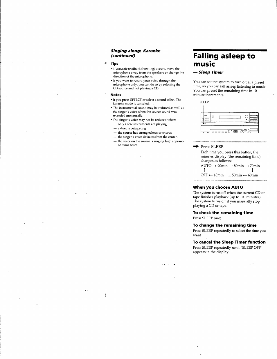 Tips, Notes, Falling asleep to music | When you choose auto, To check the remaining time, To change the remaining time, To cancei the sleep timer function | Sony LBT-G5500 User Manual | Page 36 / 46