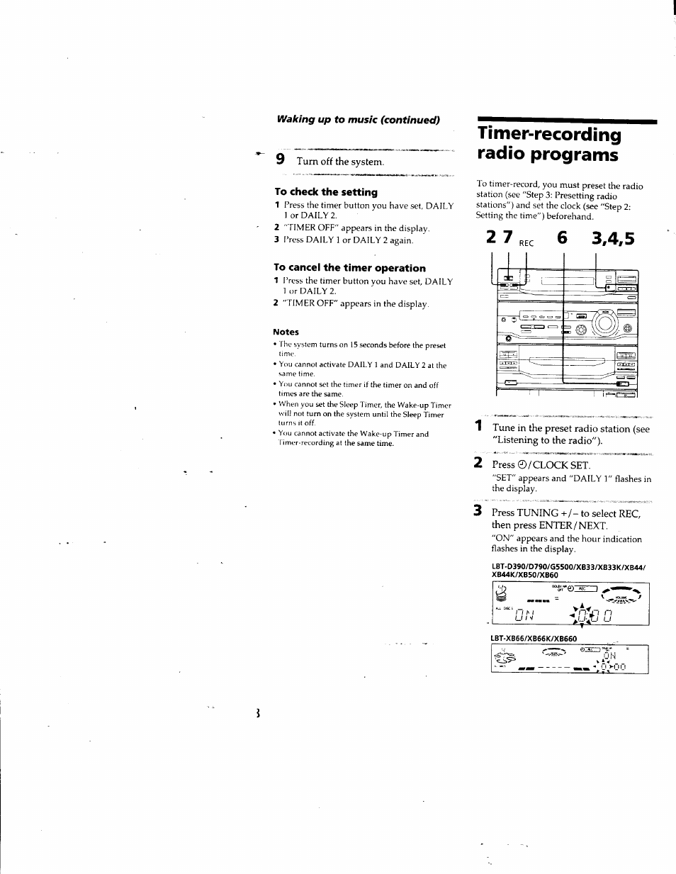 9 turn off the system, To check the setting, To cancel the timer operation | Notes, Timer-recording radio programs, Press ©/clockset | Sony LBT-G5500 User Manual | Page 38 / 46