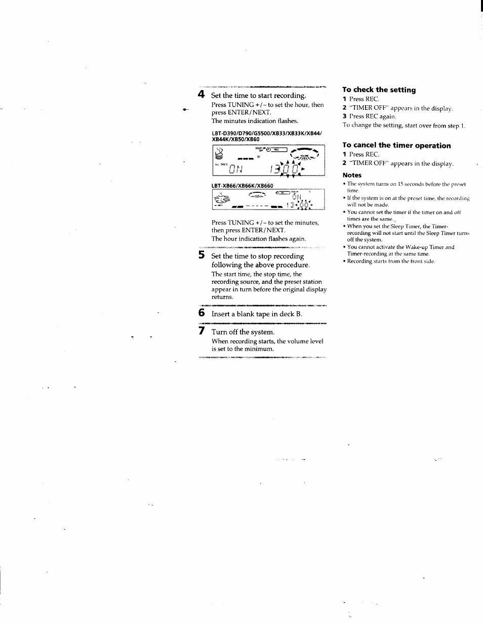 4 set the time to start recording, 6 insert a blank tape in deck b, 7 turn off the system | To check the setting, To cancel the timer operation, Notes | Sony LBT-G5500 User Manual | Page 39 / 46