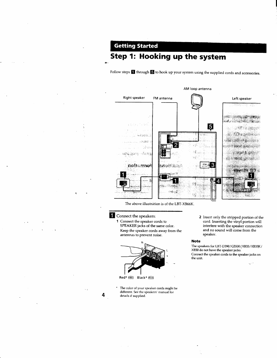 Step 1: hooking up the system, Connect the speakers, Note | Getting started | Sony LBT-G5500 User Manual | Page 4 / 46