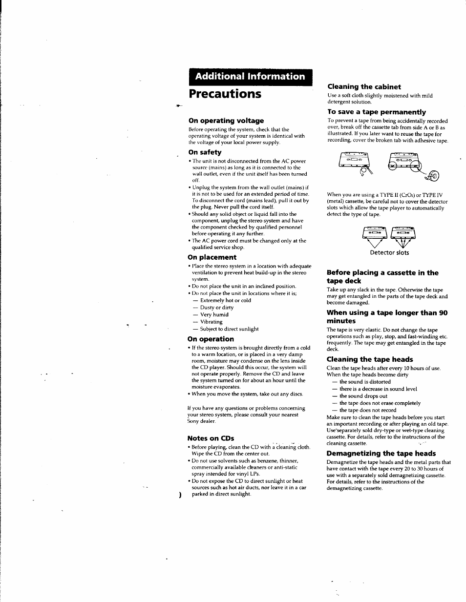 Precautions, On operating voltage, On safety | On placement, On operation, Notes on cds, Cleaning the cabinet, To save a tape permanently, Detector slots, Before placing a cassette in the tape deck | Sony LBT-G5500 User Manual | Page 40 / 46