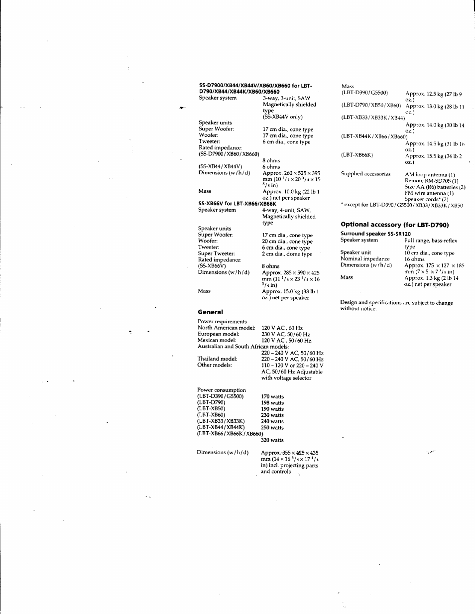 General, Optional accessory (for lbt-o790) | Sony LBT-G5500 User Manual | Page 45 / 46