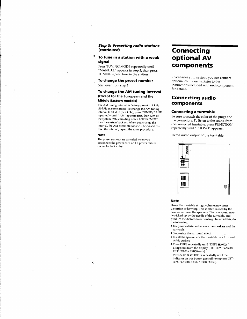 To tune in a station with a weak signal, To change the preset number, Note | Connecting optional av components, Connecting a turntable, To the audio output of the turntable, Connecting audio components | Sony LBT-G5500 User Manual | Page 8 / 46