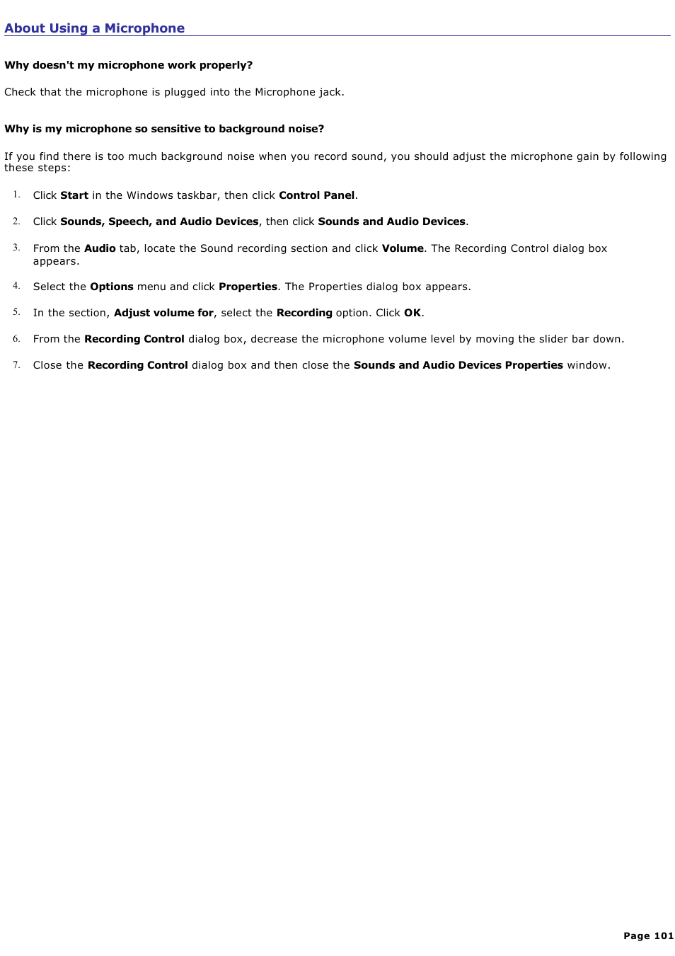 About using a microphone | Sony PCV-RS210 User Manual | Page 101 / 114