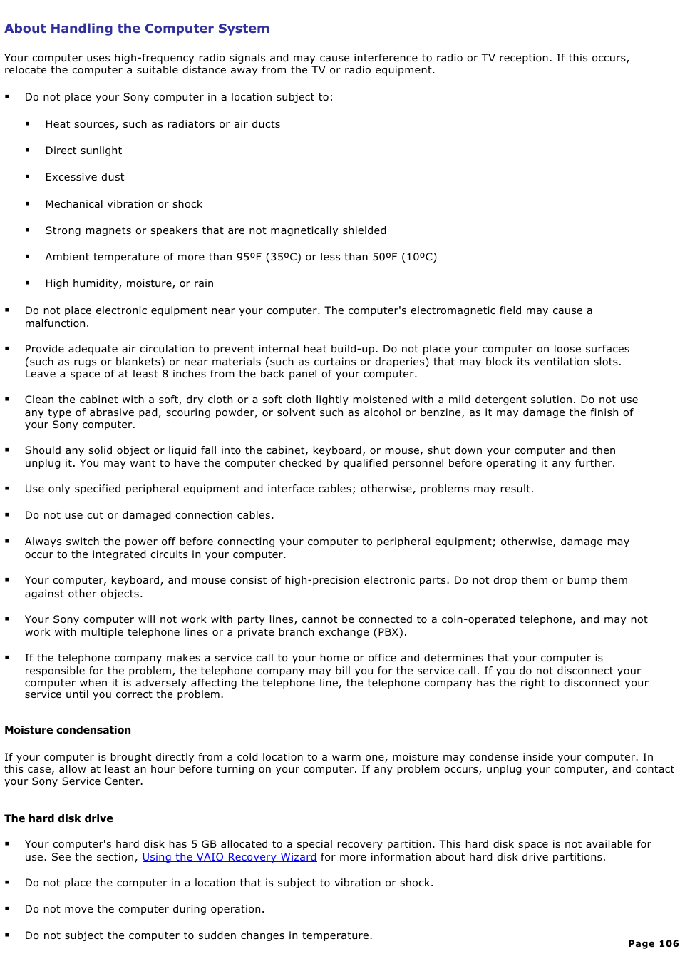 About handling the computer system | Sony PCV-RS210 User Manual | Page 106 / 114