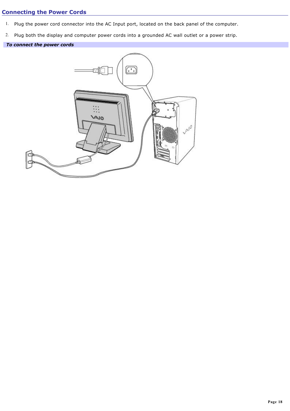 Connecting the power cords | Sony PCV-RS210 User Manual | Page 18 / 114