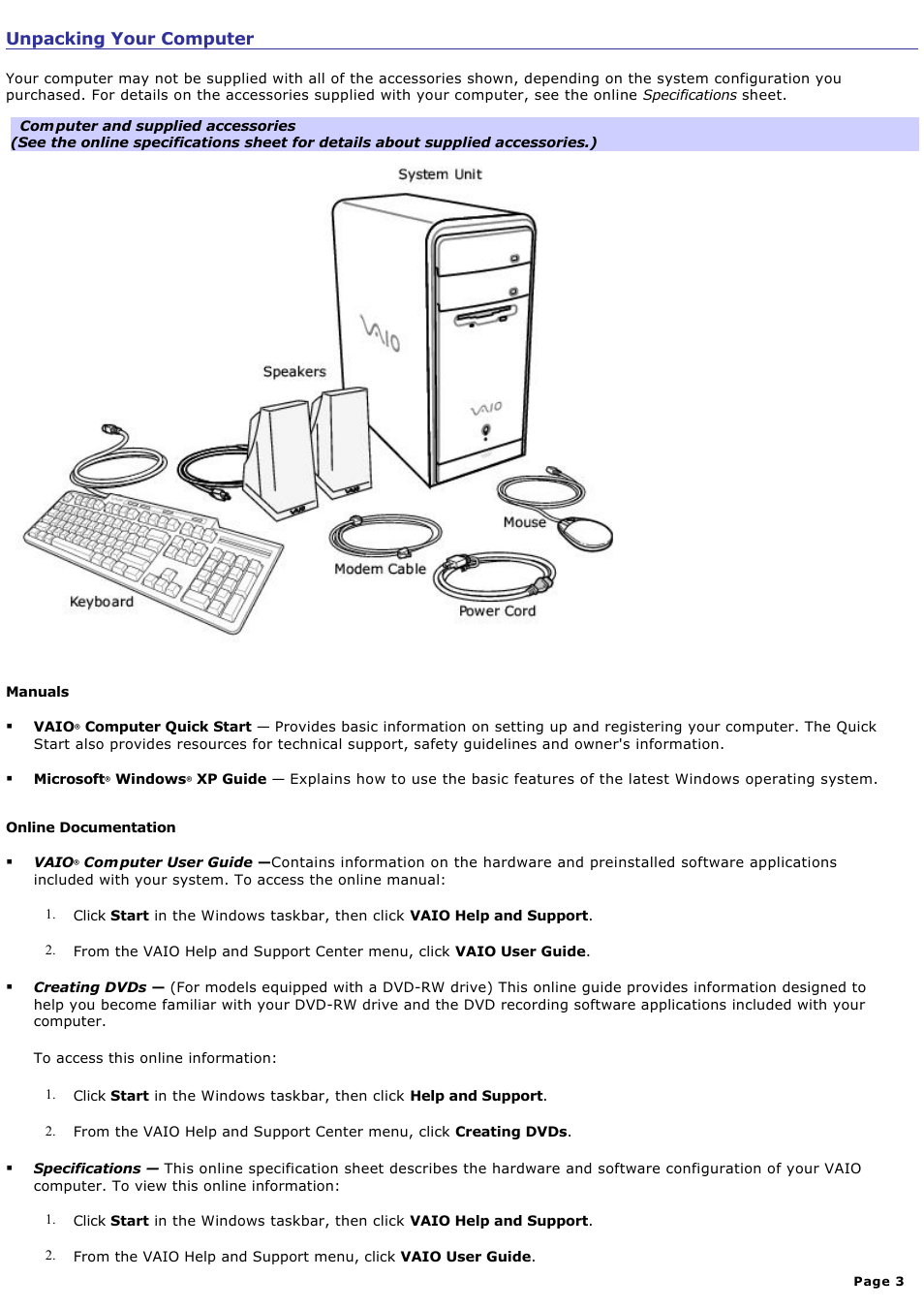 Unpacking your computer | Sony PCV-RS210 User Manual | Page 3 / 114