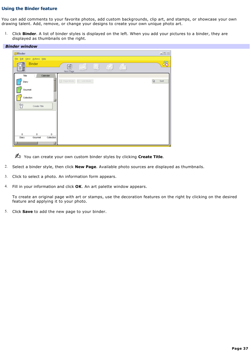 Using the binder feature | Sony PCV-RS210 User Manual | Page 37 / 114