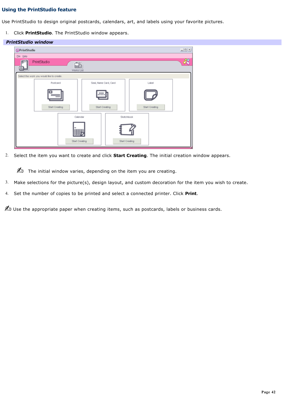 Using the printstudio feature | Sony PCV-RS210 User Manual | Page 42 / 114