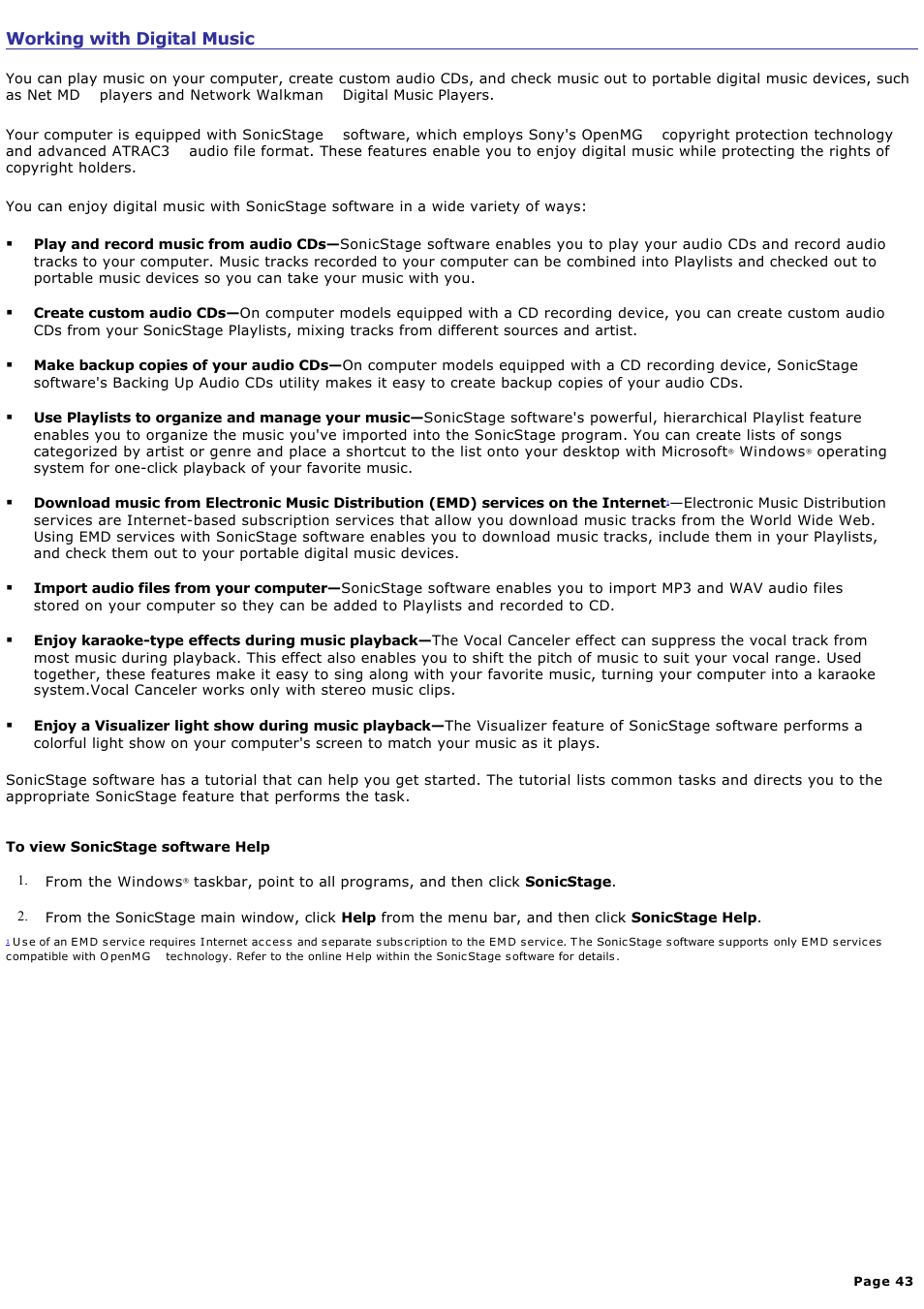 Working with digital music | Sony PCV-RS210 User Manual | Page 43 / 114