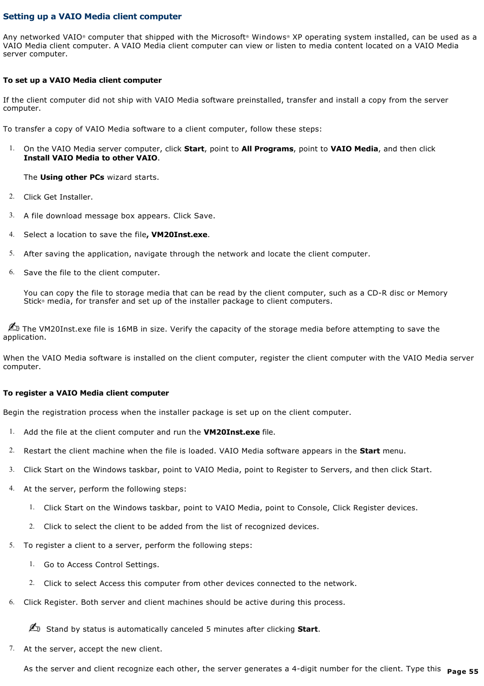 Setting up a vaio media client computer | Sony PCV-RS210 User Manual | Page 55 / 114