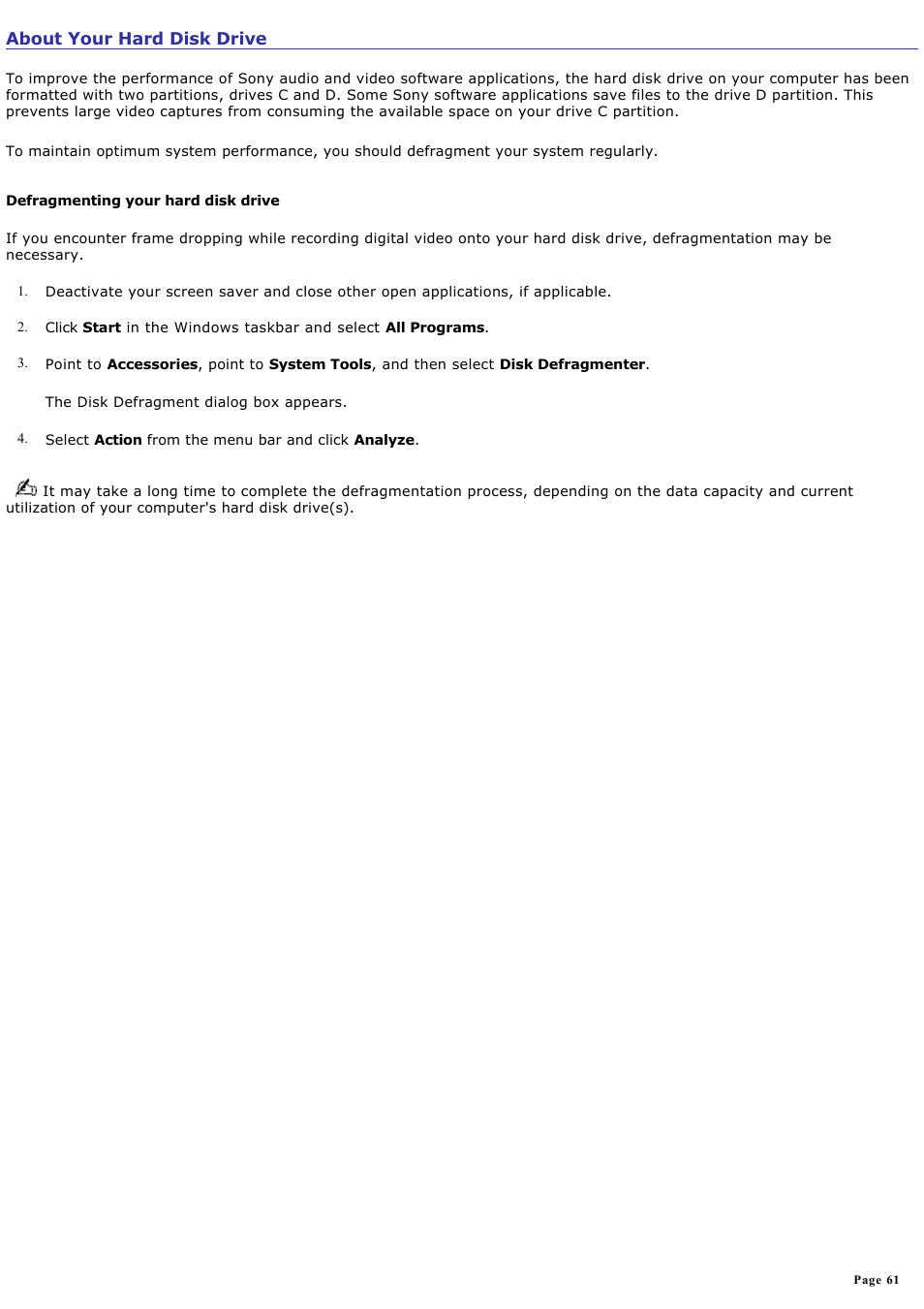 About your hard disk drive | Sony PCV-RS210 User Manual | Page 61 / 114