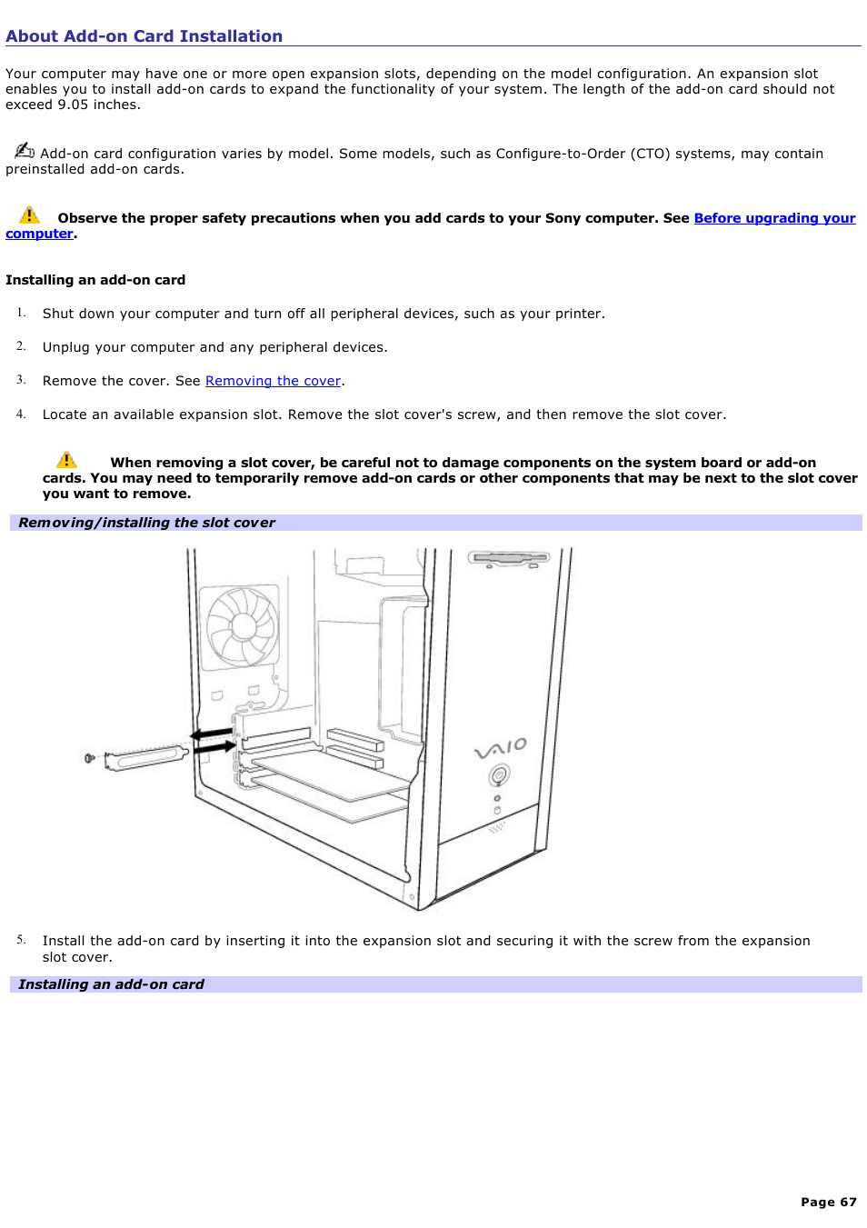 About add-on card installation | Sony PCV-RS210 User Manual | Page 67 / 114