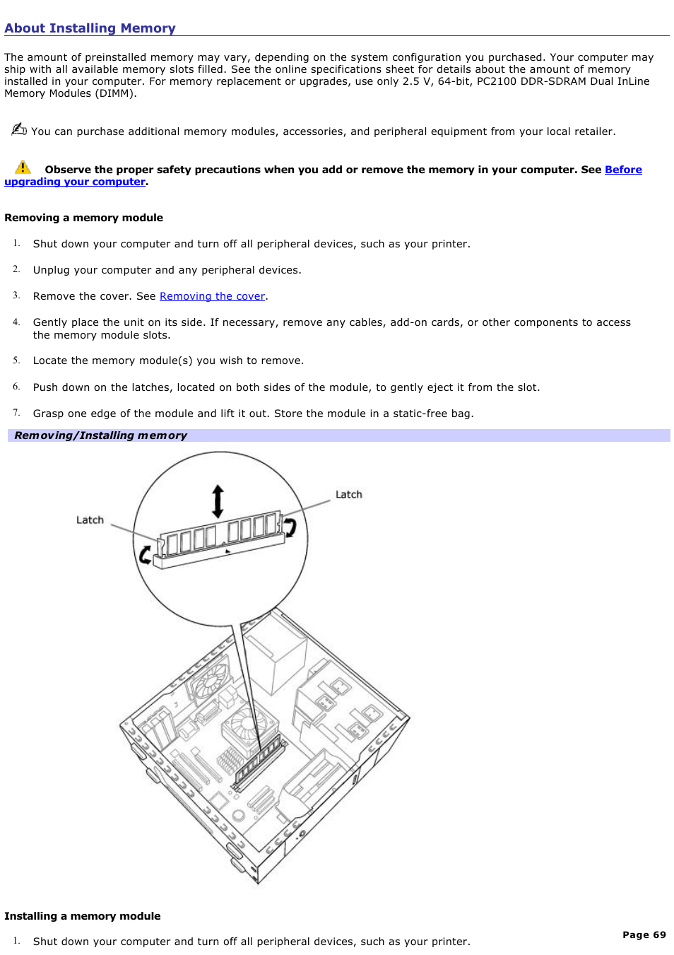 About installing memory | Sony PCV-RS210 User Manual | Page 69 / 114