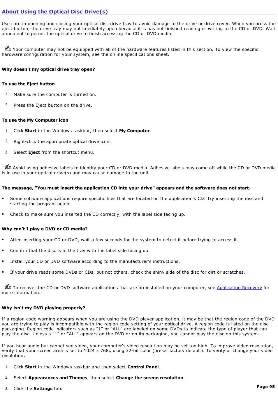 About using the optical disc drive(s) | Sony PCV-RS210 User Manual | Page 95 / 114