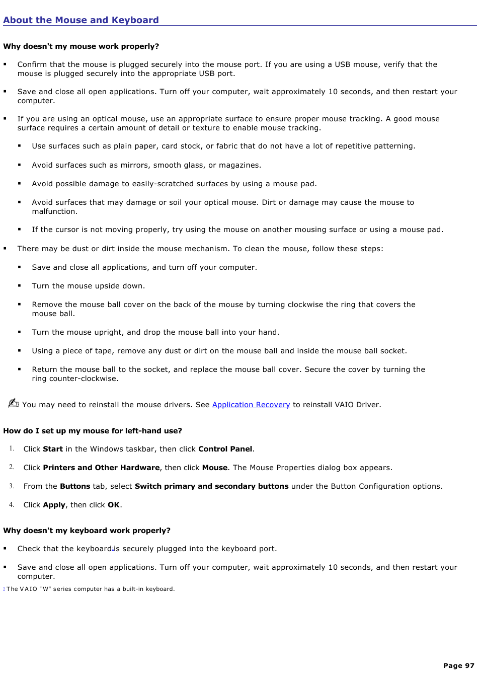 About the mouse and keyboard | Sony PCV-RS210 User Manual | Page 97 / 114