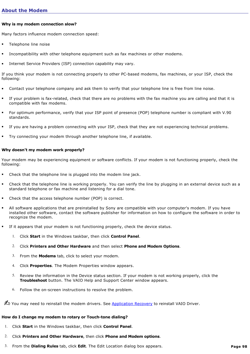 About the modem | Sony PCV-RS210 User Manual | Page 98 / 114