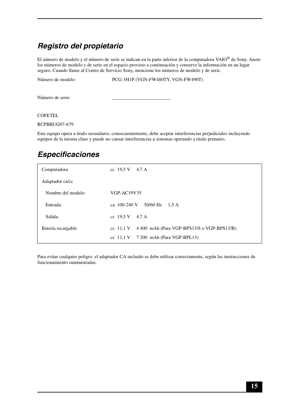 Registro del propietario, Especificaciones | Sony VGN-FW490DEB User Manual | Page 15 / 20