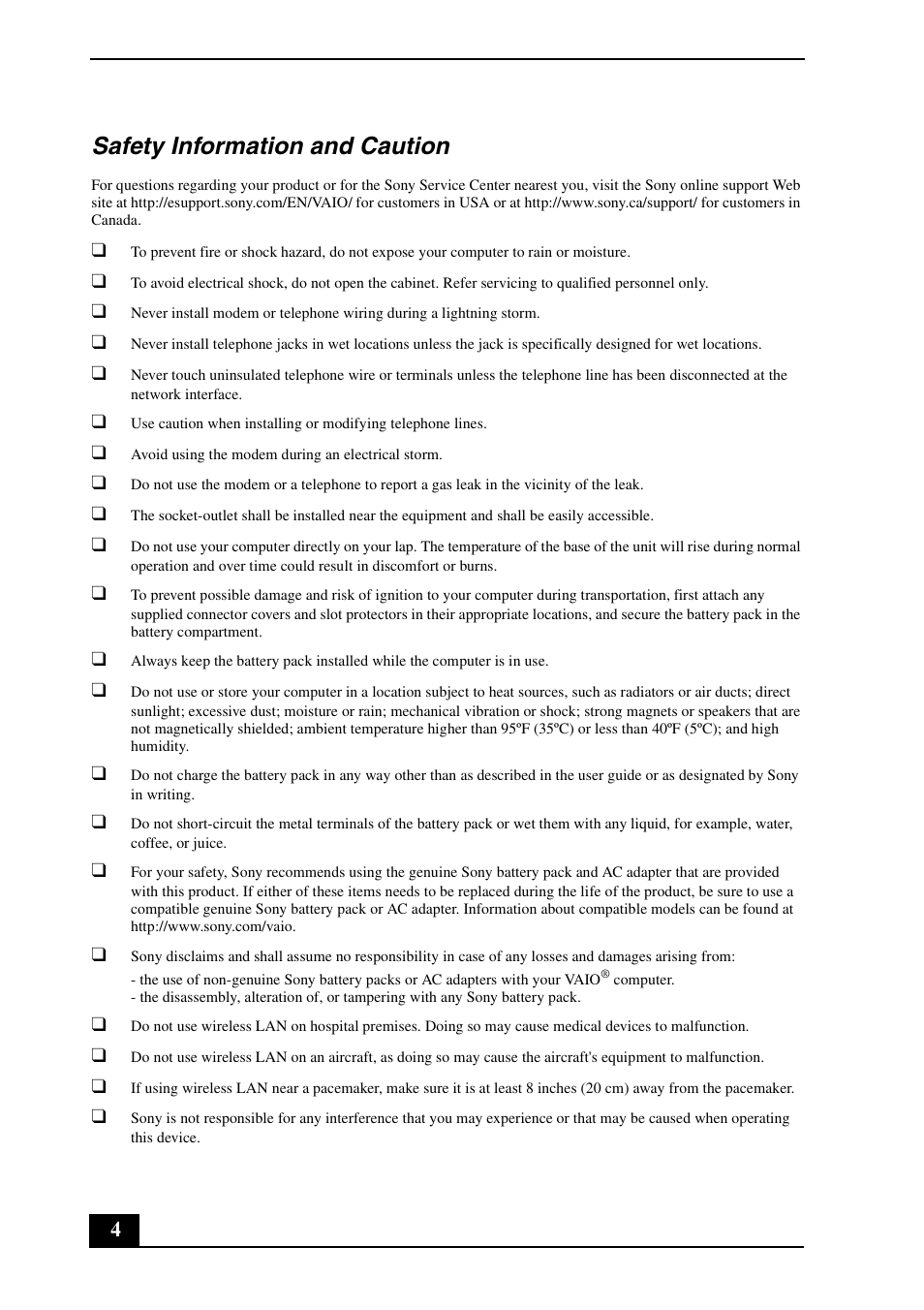 Safety information and caution | Sony VGN-FW490DEB User Manual | Page 4 / 20